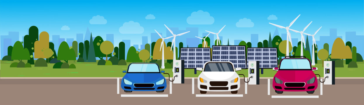 Electric Cars Charging At Station From Wind Trurbines And Solar Panel Batteries Eco Friendly Vechicle Concept Horizontal Banner Flat Vectro Illustration