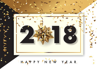 2018 happy new year vector greeting card and poster design with golden ribbon and star.