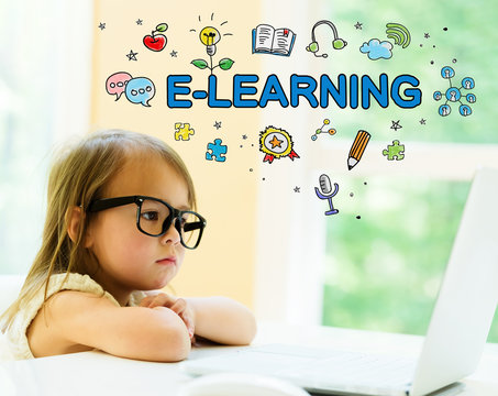 E-Learning text with little girl using her laptop