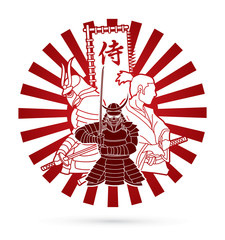 3 Samurai composition with flag Japanese font mean Samurai  designed on sunlight background graphic vector