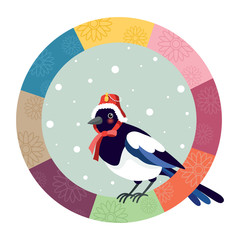 The magpie wearing a traditional Korean hat. Korean New Year Day.