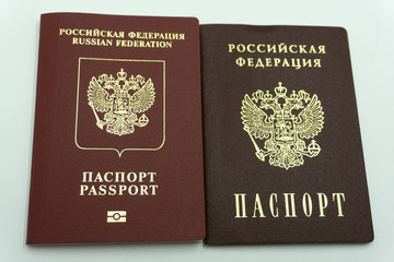 Two dark brown passport located on fine-textured red background material .