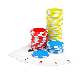 Fototapeta premium 3d rendering of multicolored casino chips with four different ace cards isolated on a white background.