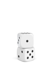 3d rendering of two white dice with white pips standing vertically on a white background.