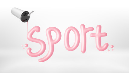 3d rendering of a overturned protein shaker bottle leaks pink yoghurt in shape of a word Sport.