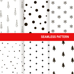 Christmas seamless pattern. Vector background set. Holiday winter design greeting card, backdrop, wrapping paper. Scandinavian style collection decoration. Monochrome elements isolated on white.