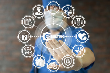 Consult Health Care. Doctor using virtual touchscreen pressing consulting text gear button. Consulting Medical Service Hospital Job concept.