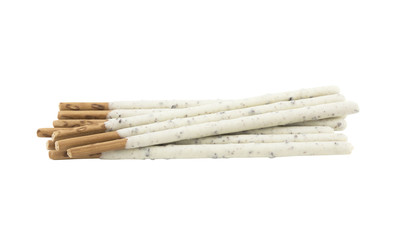 pile of biscuit sticks coated with cookie cream chocolate isolated on white background