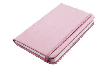 Pink leather notebook with elastic band closure isolated on white background.