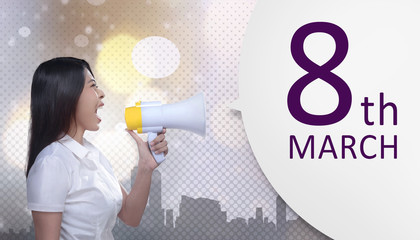 Beautiful asian business woman with megaphone announce 8 March