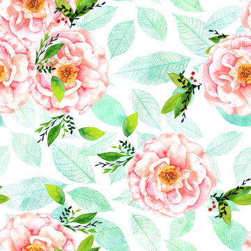 Seamless watercolour rose pattern with teal leaves