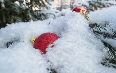 christmas balls in snow