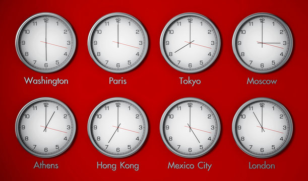 Modern wall clocks showing different time zones of world cities. 3D illustration