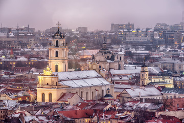 Fototapeta na wymiar Vilnius, Lithuania: aerial view of the old town at winter sunset