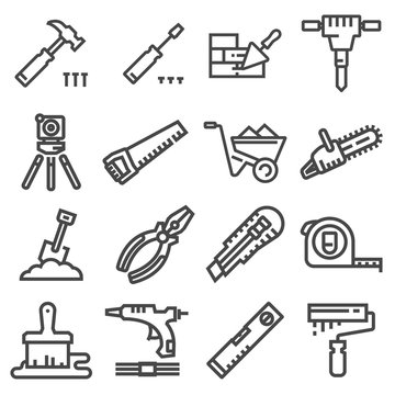 Vector Set of Modern Thin Outline Construction Working Tools and Industrial Items.