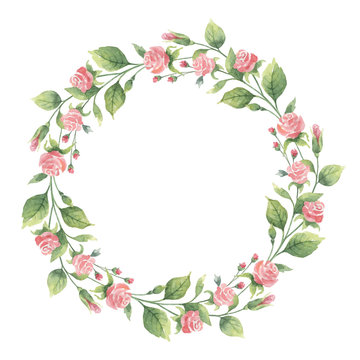 Watercolor vector wreath of green branches and flowers roses.