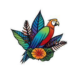 Vector illustration of a tropical bird, tropical flowers and Leaves. Colorful hand drawn illustration with parrot and tropical plants on  isolated background