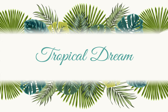 Exotic tropical jungle rainforest bright green turquoise palm tree monstera leaves border frame template on white background. Horizontal landscape banner. Vector design illustration. Text placeholder.