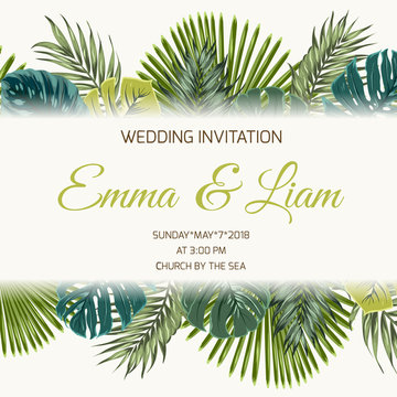 Wedding marriage event RSVP save the date invitation card template. Modern luxury exotic tropical jungle rainforest bright green palm tree turquoise monstera leaves. Promo banner text placeholder.