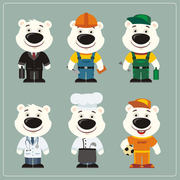 Set of polar bear in different costumes: builder, sportsman, worker, a doctor, manager, cook. Collection of polar bear in clothes in cartoon style.