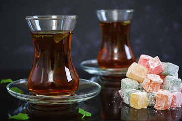 Turkish delights lokum on dark background