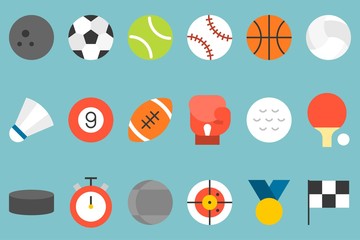 sports icon set, such as football, basketball, badminton, bowling, boxing, flag, stopwatch in flat design © lukpedclub