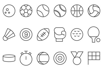 sports icon set, such as football, basketball, badminton, bowling, boxing, flag, stopwatch, thin line design