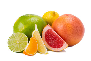 different colors of citrus fruits, with vitamin C on white background