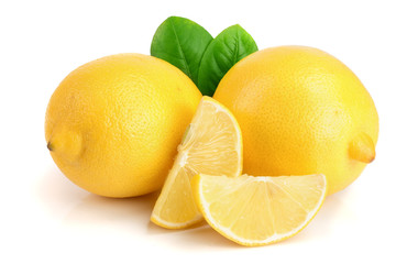 lemon and slice with leaf isolated on white background