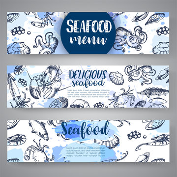 Seafood banners Hand drawn vector illustrations. Lake fish in line art style. Vector sea and ocean creatures for seafood menu design.