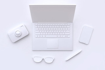 3d rendering technology laptop camera mobile phone pen glasses pen abstract white scene