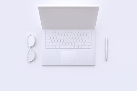 laptop glasses pen abstract white scene 3d rendering technology
