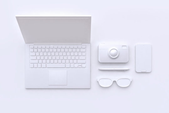 laptop camera mobile phone pen glasses pen abstract white scene 3d rendering technology