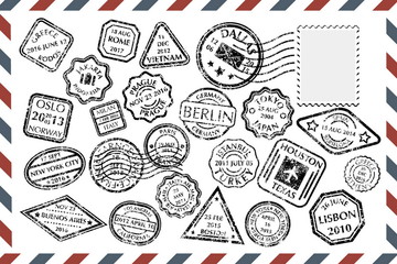 Postal Stamps set on envelope - obrazy, fototapety, plakaty