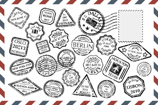 Postal Stamps set on envelope