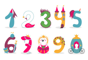 Funny vector cute princess numbers. Colorful numbers for mathematics and kids illustration.