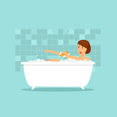 Woman taking a bath. Flat design vector illustration.