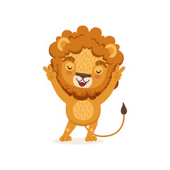 Cute happy lion cartoon character standing with paws up. Safari animal with lush mane and cute tail. Vector in flat style isolated on white.