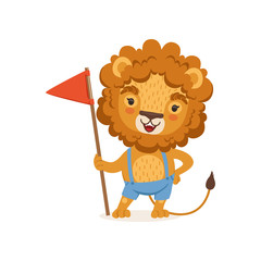Cute cartoon lion character standing with flag in paw and wearing shorts on suspenders. Animal with lush mane. Vector in flat style