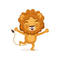 Illustration of happy smiling kid lion cartoon character running with paws up. Wild animal with lush mane. Flat vector isolated on white.
