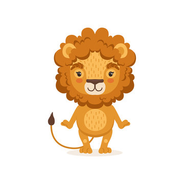 Adorable lion cartoon character standing and posing with paws down. Children print for t-shirt, card or book. Flat design vector illustration isolated on white.