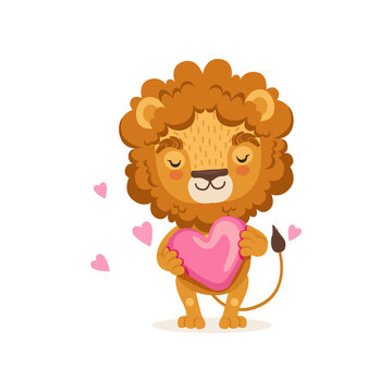 Adorable baby lion cartoon standing with big pink heart in paws. Character in love. Colorful print for holiday card, children book. Flat design vector