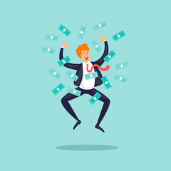 Happy businessman jumping for joy around money. Flat design vector illustration.