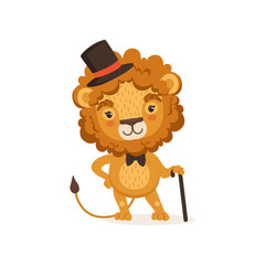 Illustration of lion cartoon character with black cane and wearing elegant cylinder hat and bow tie. Animal with lush mane. Flat vector