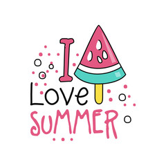 Colorful hand drawn label with piece of watermelon ice cream on stick