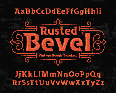 Old textured font named "Rusted Bevel" with vector decorative ornate.