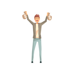 Lucky man holding two bags of money. Cartoon male character won in lottery. Person with good luck. Guy wearing jacket, t-shirt and jeans. Flat vector illustration