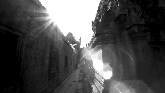 Moving among the many ruins of Baneay Srei with a steadicam gimbal and getting lens flare from the sun.