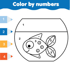 Fototapeta premium Children educational game. Coloring page with fish in aquarium. Color by numbers, printable activity