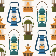 Fototapeta premium Vintage camping lantern pattern in flat design. Retro oil lamps and gas lanterns seamless background.